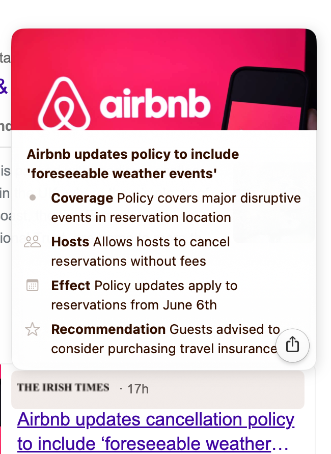 Example card from hovering on an Irish Times article