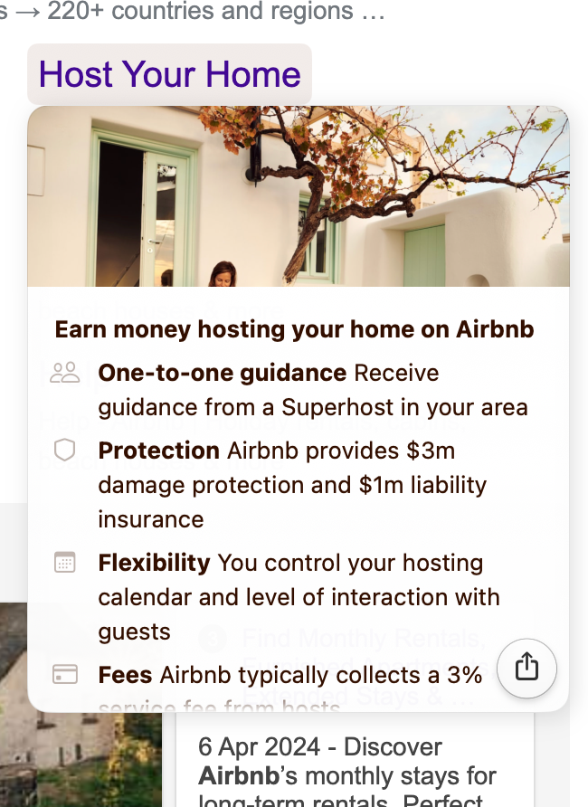 Example card from hovering on an Airbnb subpage