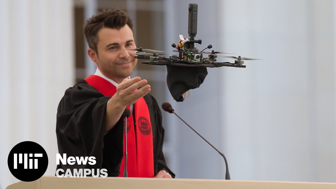 Mark Rober launching his graduation cap with a drone