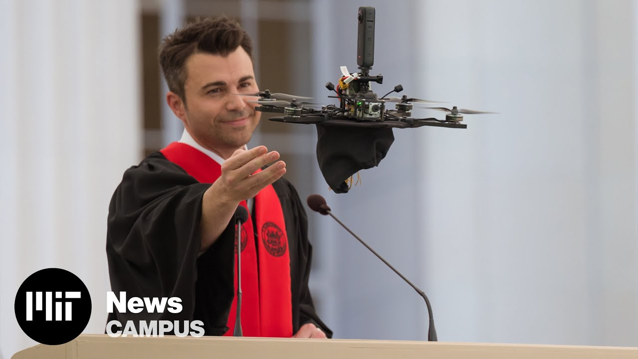 Mark Rober launching his graduation cap with a drone