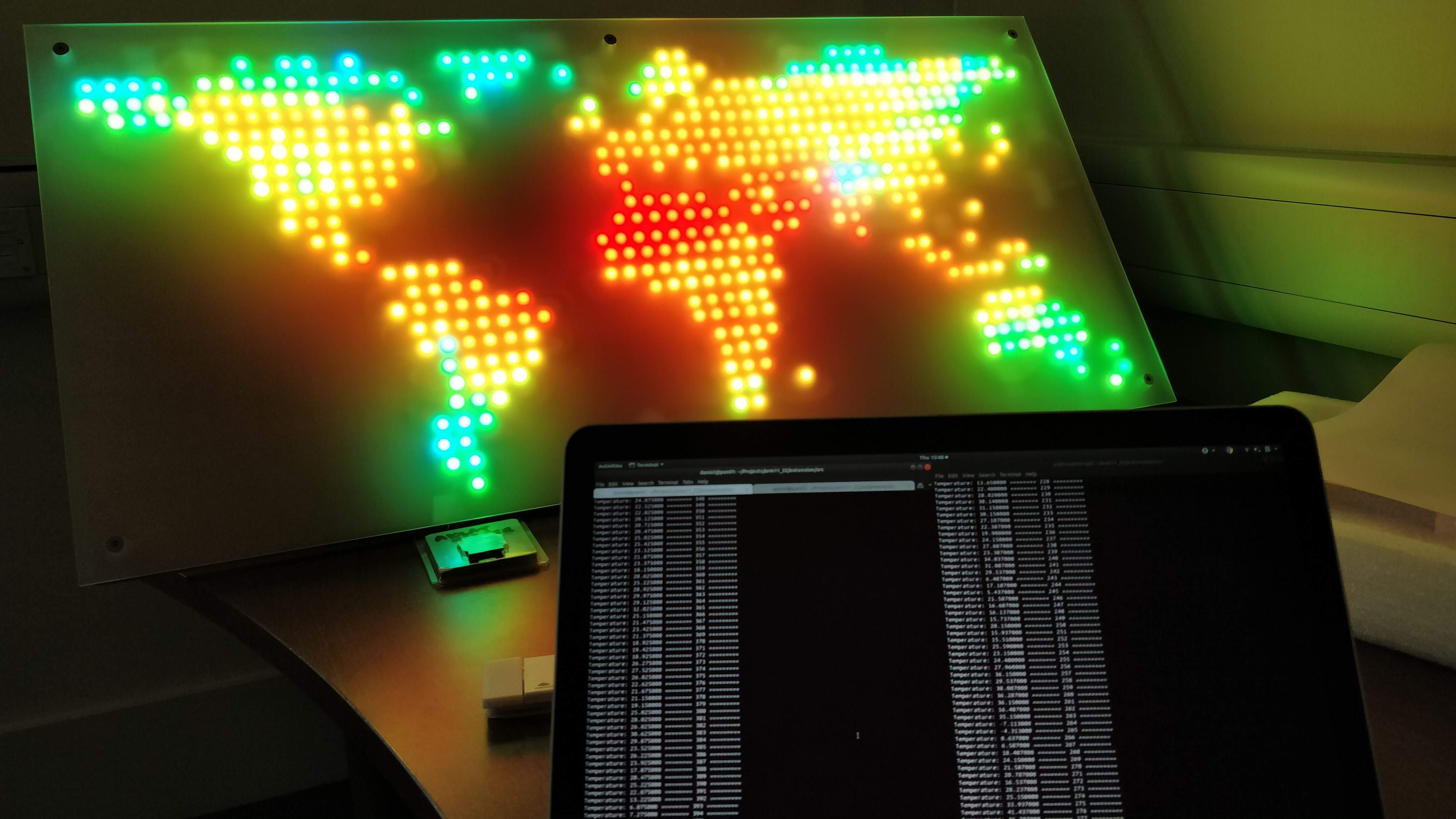 LED World Map showing real-time temperature ranges