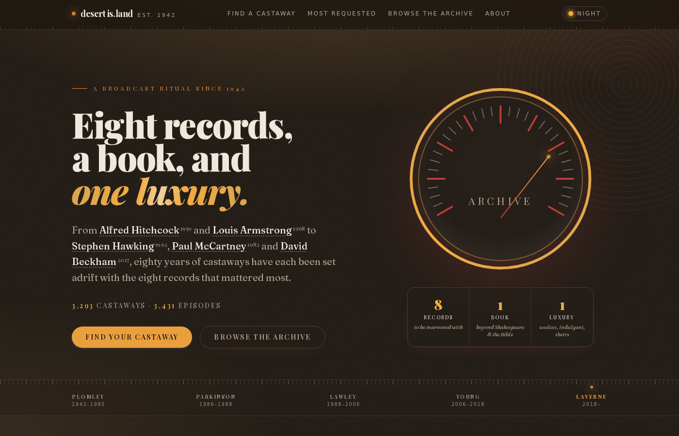 The desertis.land landing page: a mid-century tuning dial beside the headline 'Eight records, a book, and one luxury', with presenter eras marked along a long-wave scale