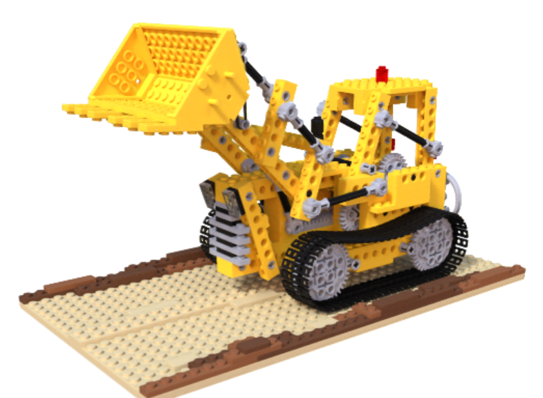 A rendered Lego bulldozer, bucket raised, on a baseplate